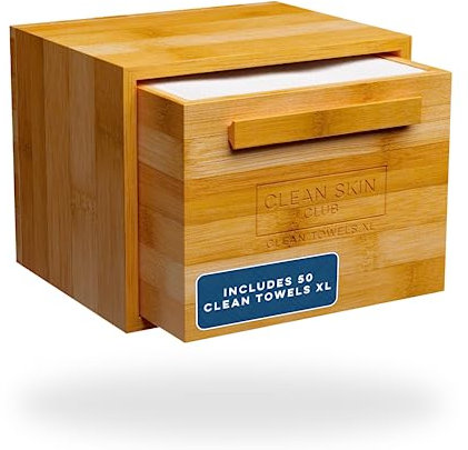 Clean Skin Club Luxe Bamboo Box with Drawer & Towels XL, Face Towel, Disposable Makeup Remover Dry Wipes, Facial Wash (Bamboo Container Drawer)