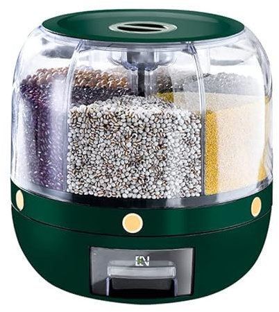 YTFSKFUI Round Food Dispenser, 6 Compartment 360° Rotating Dry Food Dispenser with Lid, 9kg Large Capacity Cereal Dispenser, Insect Proof and Moisture-Proof Cereal Containers for Grains