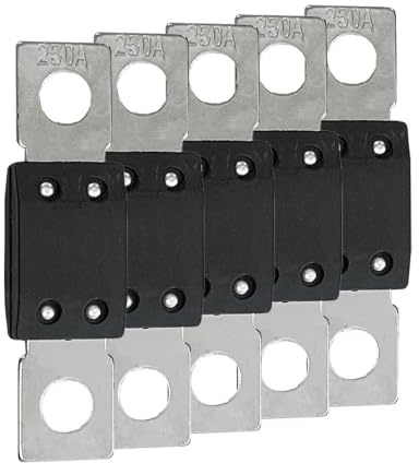 Offgridtec Set 5 fusibili MEGA 250 A 70 V per sistemi CC 48 V, fusibili a lama con terminali in rame, bassa resistenza di contatto, protezione scintille, montaggio a vite, RoHS e UL