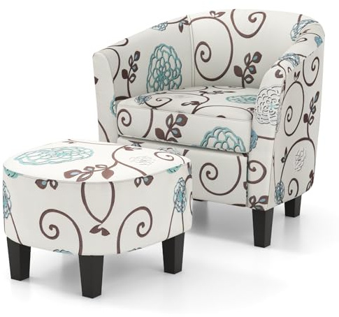 GIANTEX Small Accent Chair with Ottoman Set, Upholstered Barrel Chair with Footrest, Modern Accent Armchair with Ottoman, Round Club Chair for Living Room, Small Space, Bedroom (Blue Flower)