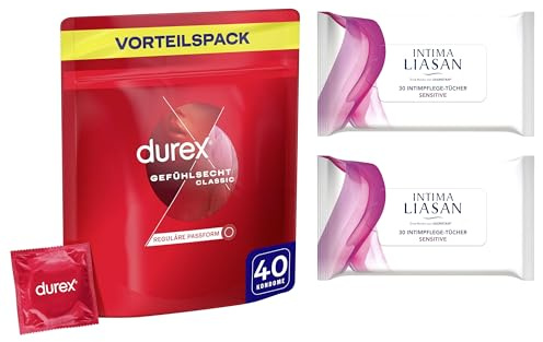 Durex Gefühlsecht Kondome, hauchzartes Kondom für intensives Empfinden, 40 Stück + Sagrotan Intima Liasan Pflegetücher 60 Stück