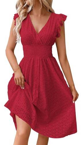 Strandkleid Damen Elegant Einfarbig Spitze Hohl V-Ausschnitt Rüschen Kurze Ärmel Mini Kleid Tunika Blusekleid Bohemien Strand Freizeit Sommer Minikleid für