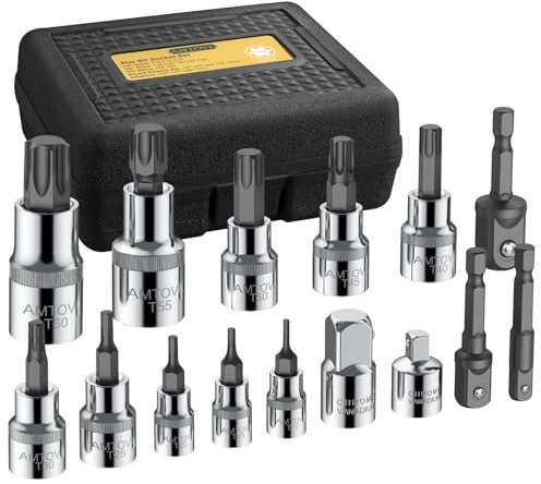 AMTOVL 10PCS Juego de llaves de vaso Torx de 1/4 3/8 1/2,50BV30 CR-V,S2 de Acero con Adaptadores de Taladro Dirve 1/4 3/8 1/2,Caja de Transporte para Reparación de Coches,Bricolaje