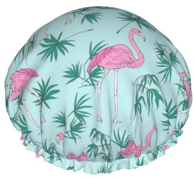 Wiederverwendbare Duschhaube für Damen, süße Flamingo-Blätter, Badehaube, doppellagig, wasserdicht, Dusch-Haarschutz, verstellbares Gummiband, Duschhut für Home-Spa-Salon, Badehauben