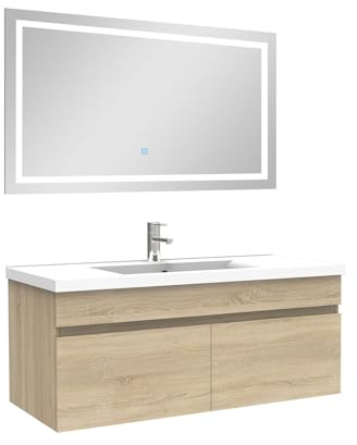 AICA Ensemble Meuble Salle de Bain 100cm Chêne Wotan Simple Vasque + Miroir Lumineux 3 Couleurs + dimmable