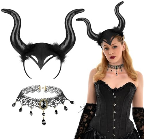 AYBUY Corna Malefica, Halloween Malefica Corna con Nero Collana, Set Corna da Diavolo Malefica Costume Accessori per Halloween Carnevale Cosplay