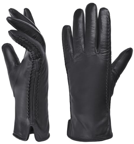 Harssidanzar Womens Winter Warm Lining Lambskin Leather Gloves Touchscreen Texting Warm Driving Gloves HL001US,Black,Size S