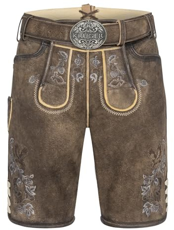 Krüger Herren Trachten Lederhose kurz, Modell: Lederhose Ulli mit Gürtel, Knielang, Tracht, Volksfest