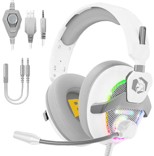 EMPIRE GAMING H-13 Cuffie Gamer RGB compatibili con console di gioco, Xbox One/Series, Switch, PC, Mac, smartphone, tablet, telecomando, audio stereo ad alta definizione, microfono flessibile, bianco