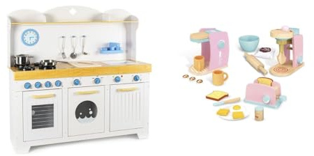 Leomark Cocina de Juguete de Madera Saint Tropez + Conjunto de electrodomésticos: Batidora, Tostadora, Cafetera - Cocina Infantil con Accesorios