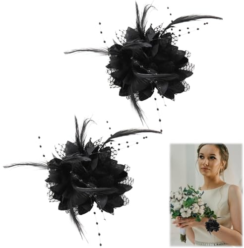2 Pcs Black Rose Flower Hair Clip, Flower Feather Bead Corsage Fascinator Headwear Flowers Brooch Hairpin Feather Hairband Beads Hats Clip Hair Barrette for Women Girls Birthday Wedding Party (Black)