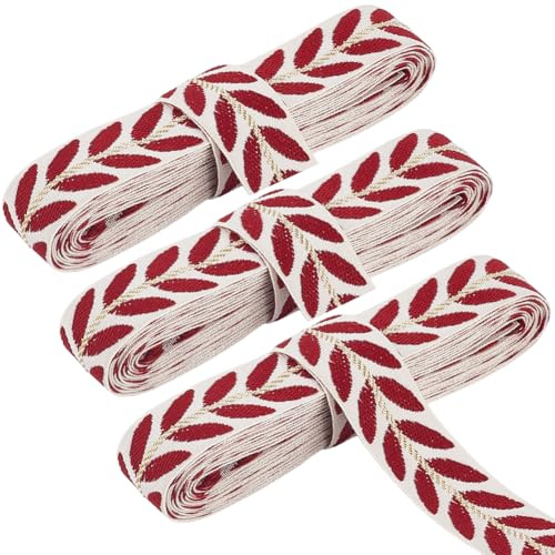 CABODYALS Cinta Bordada Roja de 8.23 m Y 25mm Cinta de Poliéster Jacquard con Patrón de Hojas Adornos de Tela Tejida con Bordado Étnico para Coser Hacer Ropa Decoración para el Hogar Fiestas Bodas Sum