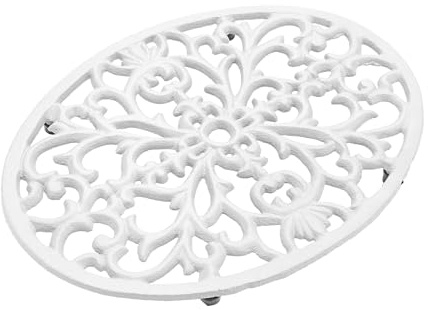SUMTree Oval Cast Iron Trivet, Decorative Heavy Duty Hot Pot Holder Mat, Vintage Pattern Cast Iron Trivet with Rubber Pegs for Kitchen Dining Table, 24.5 * 18.5 * 1.8cm, White