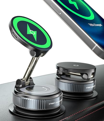 ALAFLY 15W Schnelles Laden Autohalterung mit Ladefunktion [Vakuum Saugnapf] [360° Verstellbare & Faltbare] Kabelloses Ladegerät Handyhalterung Auto für MagSafe iPhone 17/16/15/14/13/12