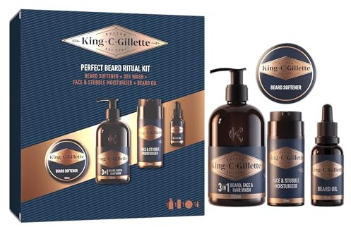 King C. Gillette Kit Para Barba Hombre, Incluye Gel Limpiador 3 En 1 Para Barba 350ml + Suavizante De Barba 100ml + Crema Hidratante Para Rostro Y Barba 100 ml + Aceite Para Barba 30 ml