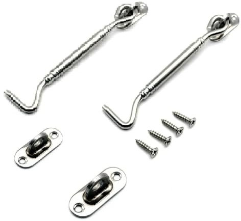 LINTRA Pack of 2 Storm Hooks with Eyelet, Stainless Steel Silver Latch Door, for Garage Doors, Windows, Barn Doors, Small Gardens Storm Hooks