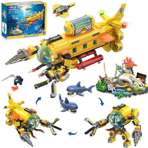 HOGOKIDS Tiefsee-U-Boot Bauspielzeug mit LED-Licht, 3 Modelle City Forscher U-Boot Spielzeug mit 2 Haien, Walskelett & Mantarochen-Drohne, Geburtstags Geschenk für Jungen Mädchen Kinder 6-12+ Jahre