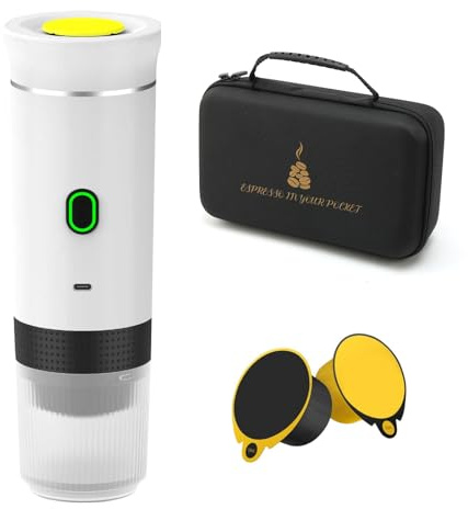 LASIEYO Bärbar kaffebryggare, elektrisk espressomaskin med USB-C, 12 V mini resekaffebryggare kompatibel med malet kaffe och NS-kapsel för camping, resor, kontor (med förvaringsväska)