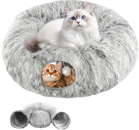 Tunnel per Gatti Interni con Letto, Gatto Cuccia 2 In 1 e Tunnel Gatto, 2 Ingressi, Lavabile e Rimovibile, Diametro 76 cm, Giochi Interattivi per Gatti e Cuccioli, Grigio