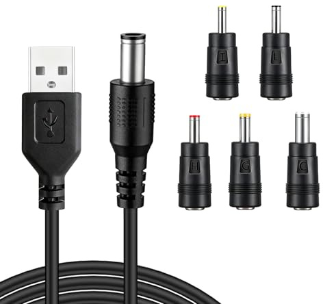 USB to DC Power Cable, 5V Charger Universal, 1M USB Power Cable with 5.5x2.5mm, 4.0x1.7mm, 3.5x1.35mm, 3.0x1.0mm, 2.5x0.7mm, 5 Connectors for Fan, Router, Bluetooth Speakers vibrator charger