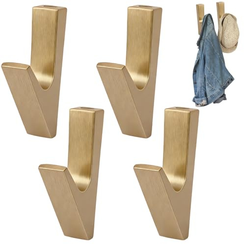 XXHUO 4er Set Kleiderhaken Gold, V-Form Wandhaken Metall zum Schrauben, Garderobenhaken Modern, Jackenhaken Wand, Coat Hooks, Jackenaufhänger für Flur, Schlafzimmer, Bad