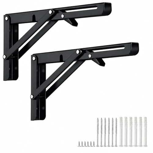 30cm Équerre Pliante Étagère en Acier Inoxydable Noir, 2 Pièces Support Tablette Rabattable Charge Lourde Max 60kg, Console Pliable pour Table Murale, Établi, Gain de Place