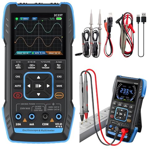 2C23T Oscilloscopio Multimetro Generatore DDS 3-in-1, 2 Canali, Larghezza di Banda di 10 MHz, 50 MSa/s, 9999 Conteggi, Test di Tensione, Corrente, Condensatori, Resistori, Diodi (2 Sonde)