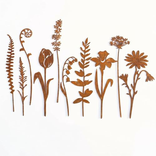 SINJAETRQ 10 Pcs Metal Flowers for Garden, Rustic Weatherproof Yard Decorations Stakes, Vintage Iron Plant Pot Accents, Garden Stakes Decorative for Patio Flower Bed Lawn Art (10.2-14.2 Inch)