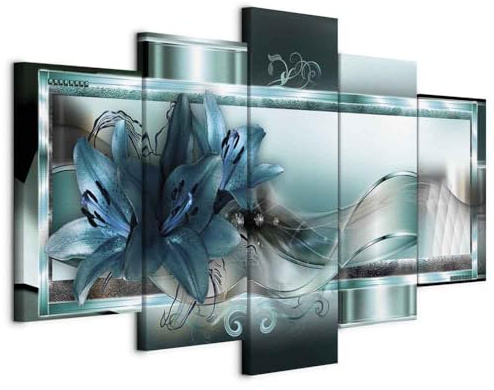 Cuadros B&D XXL - Grand Tableau Décoration Murale Chambre, Lys, 200x100 cm | Clous Inclus, Impression sur Toile, Tableaux, Posters et Arts Décoratifs, Abstraction Vagues Fleurs Ornements Plantes