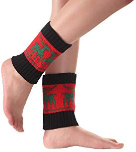 ACVIP Damen Winter Legwarmer Stulpen Gestrickte Beinstulpen Stiefelsocken mit Hirschmuster(Schwarz+rot)