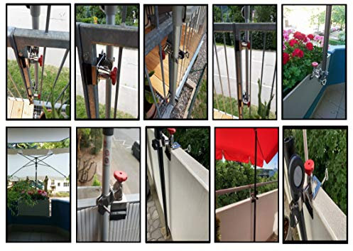 holly 2 x Balkon - Edelstahl - Sonnen - SCHIRMHALTER - UNIVERSAL Duo-FUNKTIONSHALTER 360 ° DREHBAR - FÜR SCHIRMSTÖCKE BIS 38 mm Ø an Geländern - runden eckigen Elementen bis 60 mm Ø -