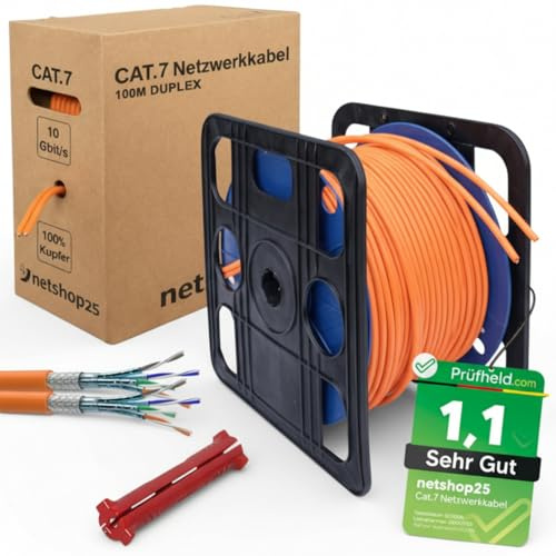 CAT.7 Netzwerkkabel 100m Duplex Verlegekabel REINES KUPFER - LAN Kabel S/FTP PiMF LSZH Halogenfrei RoHS Ethernet Cable Datenkabel Installationskabel PoE 10Gbit/s RoHS konform (Orange) + ABISOLIERER