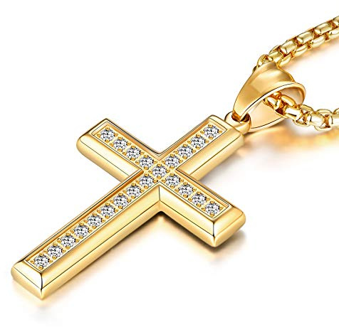YL Men's Cross Necklace Stainless Steel Cubic Zirconia Pendant Rolo Chain Jewelry for Women-Yellow