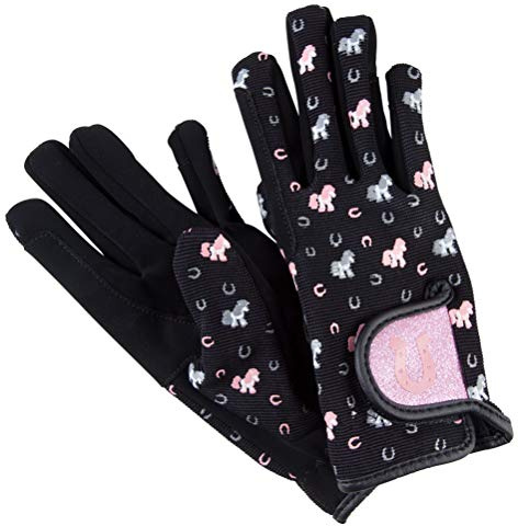 PFIFF 102873 - Guanti da equitazione Lucky Pony per bambini, 4 taglie, nero/rosa