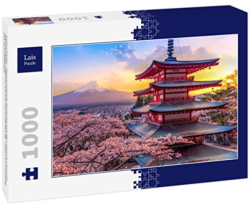 Lais Puzzle Fujiyoshida, Japan Schöne Aussicht auf den Mount Fuji und die Chureito-Pagode bei Sonnenuntergang, Japan im Frühling mit Kirschblüten 1000 Teile
