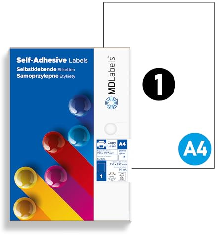 MD Labels Hochglanz Etiketten DIN A4 210x297 mm – 50 Blatt – Weiß – Glänzende - Bedruckbar für Laserdrucker- blanko Glossy Papier