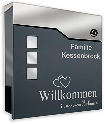 Zalafino Briefkasten mit FUNKKLINGEL ANTHRAZIT RAL 7016 mit Beschriftung - individualisierbarer Design-Briefkasten aus pulverbeschichtetem Stahl mit Zeitungsrolle und 3 Sichtfeldern
