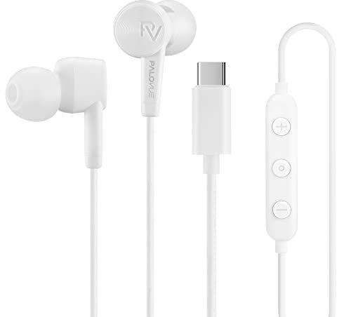PALOVUE Cuffie USB-C compatibili con iPhone 15, cuffie intrauricolari Type-C con microfono e controllo del volume, tre auricolari (S/M/L), cancellazione del rumore, controllo a 3 pulsanti, bianco