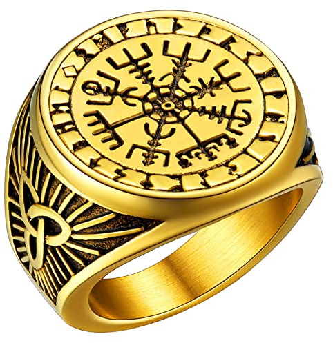 FaithHeart Viking Vegvisir Fingerring in Rundform， Vintag Kompass Fingerring mit Rune Symbol， Retro Skandinavischer Ring mit Gravur für Weihnachten Geburtstag