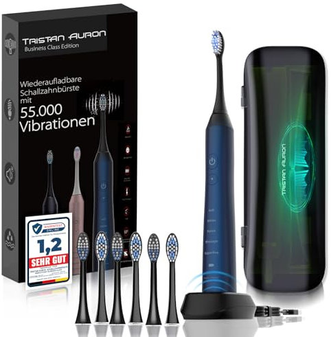 Tristan Auron Schallzahnbürste - Beste Reisezahnbürste 2025-100 Tage risikofrei testen - 55000 Elektrische Schwingungen 5 Programme 60 Tage Batterie mit UV Reiseetui 6 Aufsätze Business Class Blau