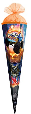 ROTH Geschenk-Schultüte klein Monstertruck Fire 50 cm - 6-eckig Tüllverschluss - Zuckertüte Schulanfang