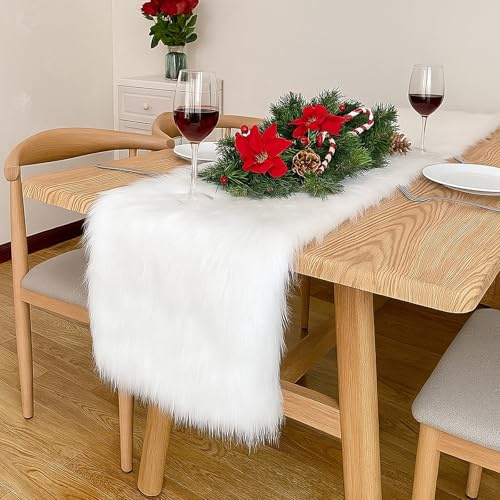Pontedinvoy Weiß Kunstfell Modern Tischläufer (30x120cm) | für Weihnachten ,Hochzeit，Home Esstisch, Schminktisch, Couchtisch Moderner Tischläuf