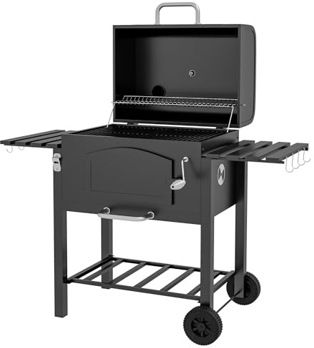 Outsunny Charcoal Grill BBQ Trolley with Adjustable Charcoal Height | Charcoal Stove for Pot, Garden Smoker Barbecue, Folding Shelves, Thermometer on Lid, Bottle Opener, Wheels