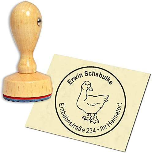 Stempel Adressstempel Holzstempel - Gans - rund ∅ 40mm personalisiert als Firmenstempel Namensstempel Bürostempel