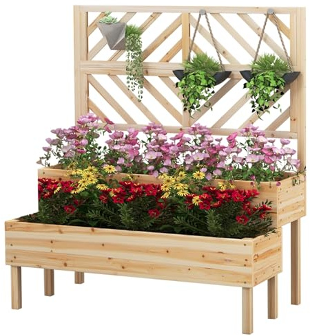 RELAX4LIFE Fioriera da Esterno in Legno a 2 Livelli con Grigliato e Fori di Drenaggio, Orto Rialzato per Balcone e Giardino, per Piante Rampicanti, Fiori e Verdure, 109×62×135cm (Naturale)