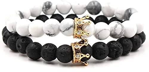 Whoiy Armbänder Damen, Partnerarmbänder Zirkonia Legierung Schwarz-Weiß-Gold 2 Teiliges Set Krone Beste Perlenarmbänder für Damen und Herren 19cmx8mm