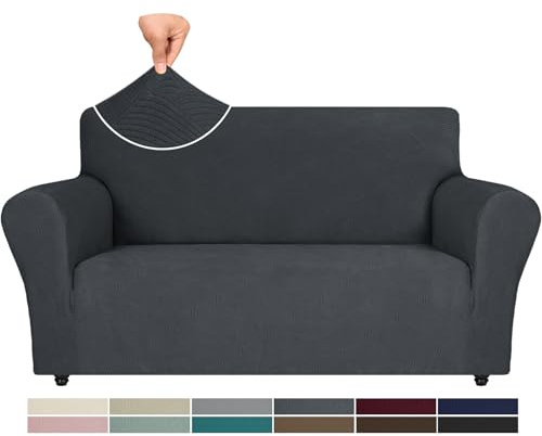Ystyle Weicher Elastisch Sofabezug 2 Sitzer, Dunkelgrau | Sofaschoner Rutschfest, Universaler Couch Überzug mit Armlehnen, Moderne Sofa Cover, Waschbarer Sofahusse für Wohnzimmer