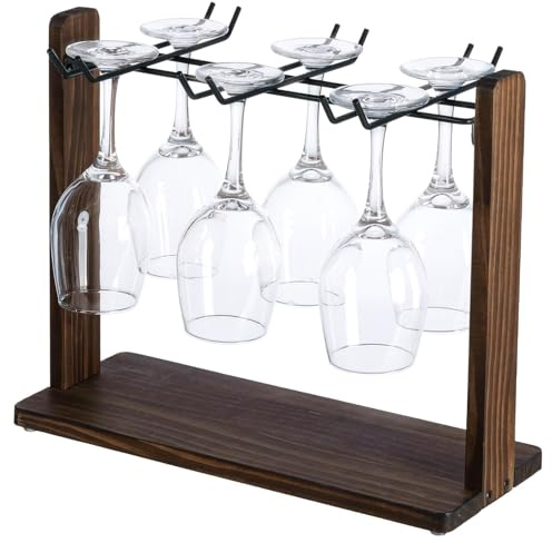 MyGift Tabletop Wine Glass Drying Rack, Champagne Flute Holder, Countertop Stemware Stand for Goblets, Modern Burnt Brown Solid Wood and Matte Black Metal Wire