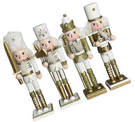 lmoikesz Décoration de Soldat Casse-Noisette en Bois, 4 Cadeaux, pour Les vœux de noël, modèle de Soldat Casse-Noisette en Bois, Ornement de Collection, Or Blanc, 4 pièces