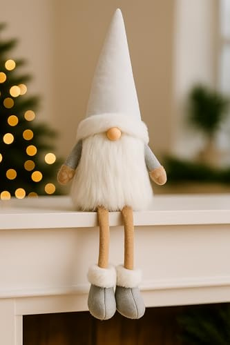 KAMACA Deko Wichtel Weihnachtswichtel Kantenhocker aus Stoff Skandinavische Weihnachtsdeko Wichtelfigur Regal Kamin Fensterbankoder Geschenk Winter Weihnachten (Kantenhocker Weiss 18x64x12)